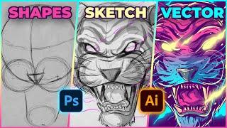 Tiger Illustration Process - Sketching on Photoshop and Coloring on Adobe Illustrator CC - Speed Art